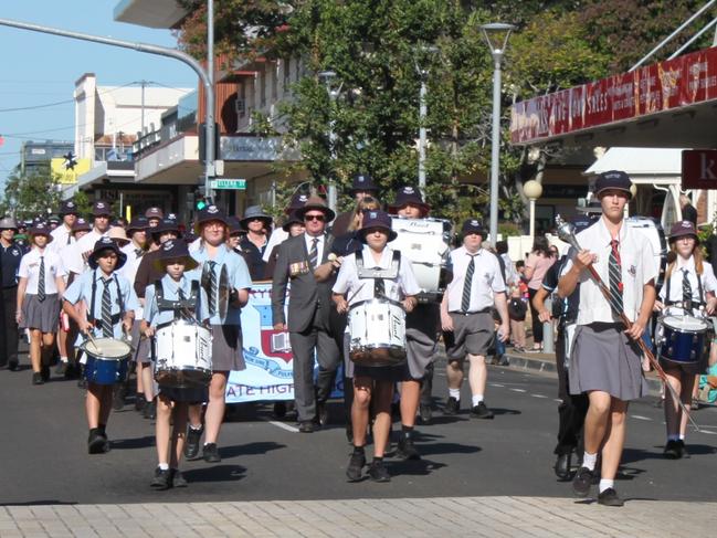 The Maryborough State High School marching band led the Anzac Day parade in the city.