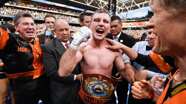 Jeff Horn of Australia celebrates beating Manny Pacquiao of the Philippines.