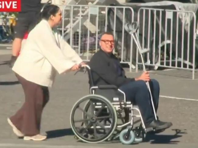 Ian Thorpe spotted at the Olympic swim trails in Brisbane, in a wheelchair. It is beleived that he injured himself during filming for Celebrity Amazing Race Picture: 7News