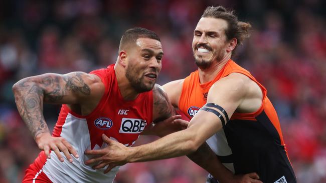 Sydney's Lance Franklin and Giants Phil Davis during the AFL Elimination Final. Picture: Phil Hillyard