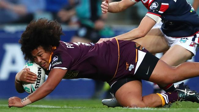 Teuila Fotu-Moala dives over to score a try for the Broncos. Picture: Getty Images