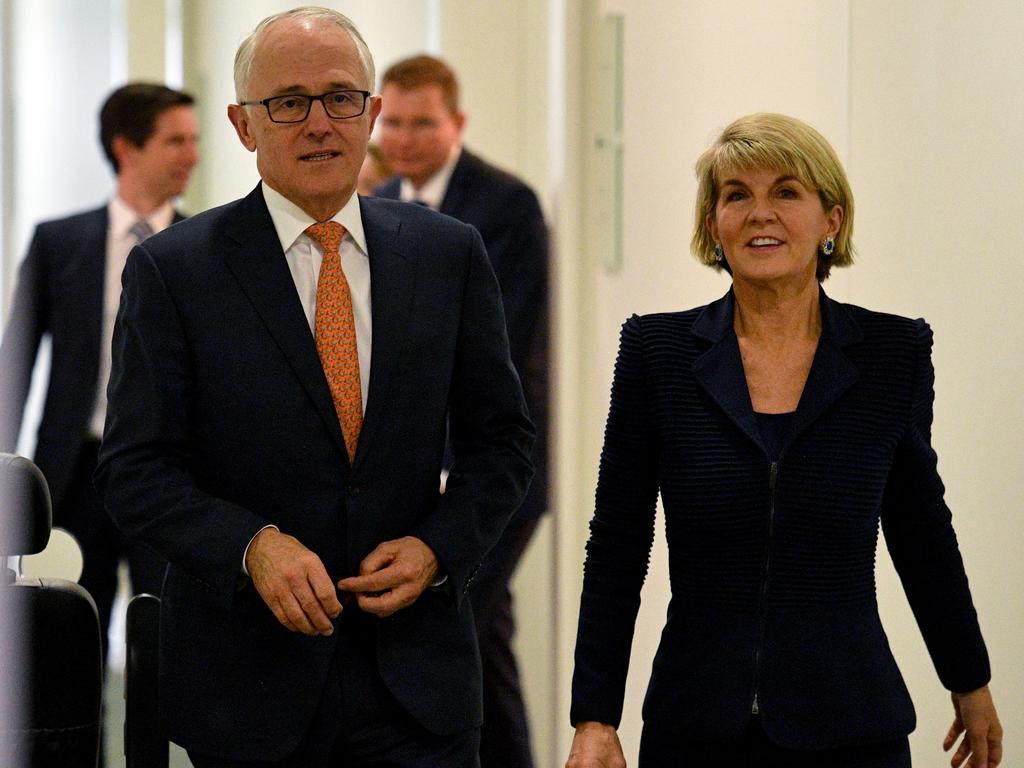 Former Prime Minister Malcolm Turnbull and former deputy leader Julie Bishop leave the Liberal Party room meeting at Parliament House in Canberra, Friday, August 24, 2018. Picture: AAP Image/Mick Tsikas