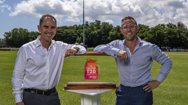 Justin Langer and NT Cricket chief executive Gavin Dovey with the 2024 Top End T20 trophy. Picture: Patch Clapp / NT Cricket