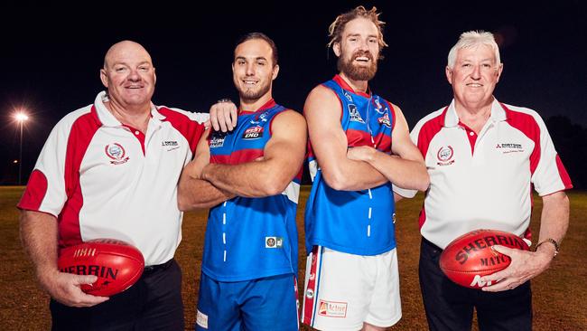 Rosewater coach Wayne Mahney, players James Deeley-Godfrey, Jonathan Mahney and president John Reardon. Picture: AAP/Matt Loxton.