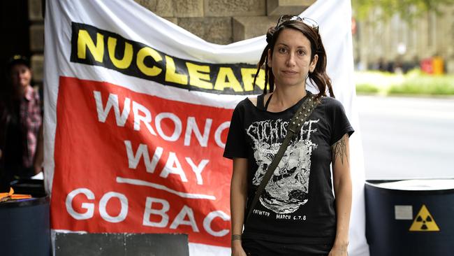 Nuclear waste protester Nexctaria Calan outside the Nuclear Royal Commission public meeting. Picture: Bianca De Marchi