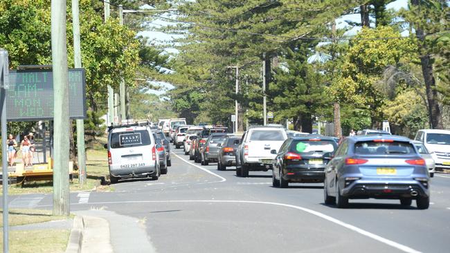 Heavy traffic in Byron Bay on Monday, November 23, 2020. The town has been busy as school-leavers prepare to celebrate an informal schoolies and other travellers have been flocking to the seaside town. Picture: Liana Boss