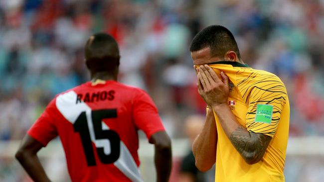 Socceroos star Tim Cahill reacts after bowing out of the 2018 World Cup with a 2-0 loss against Peru. Photo: Toby Zerna