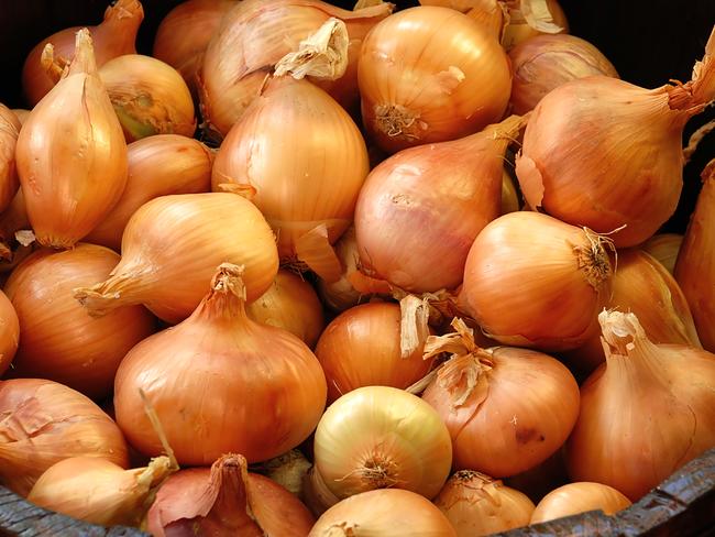 Gold Onions in wooden barrel.