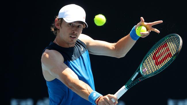 Australian Alex de Minaur trains ahead of his first-round clash with Dutchman Botic van de Zandschulp on Tuesday night. Picture: Mark Stewart