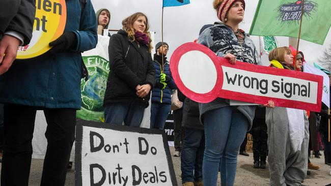 German activists protest outside Siemens’ AGM in February over its rail contract with Adani. Picture: AFP