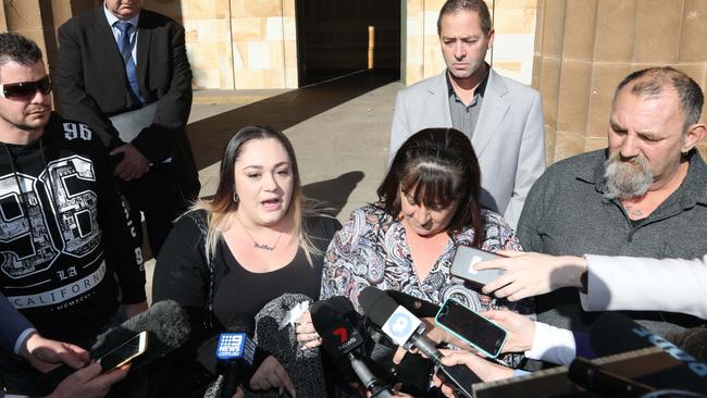 Bev Hanley’s family speaks to the media outside court. Picture: AAP Image/Russell Millard