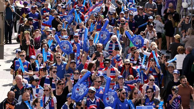 Bulldogs supporters march in the People’s Parade ahead of the 2021 AFL grand final in Perth. Picture: Getty Images