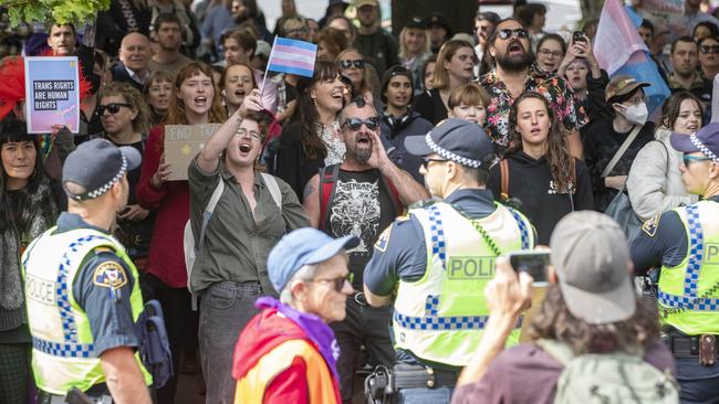 Anti-trans activists outside the Tasmanian Parliament as Equality Tasmania and LGBTQI+ supporters counter protest the Let Women Speak rally. Picture: Chris Kidd