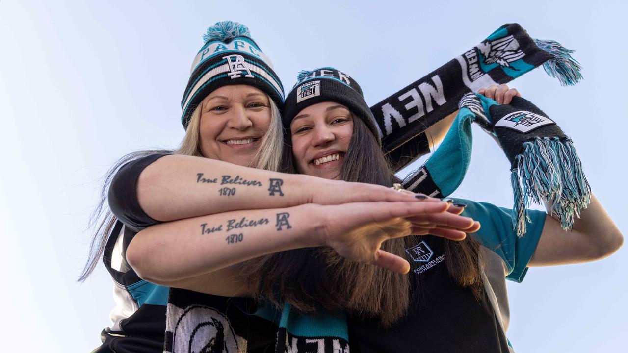 Mia Balzan and her mum Alana Tonellato have matching Port Adelaide Tattoos : Kelly Barnes