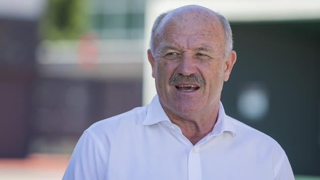 NRL legend Wally Lewis talking to the media at Suncorp Stadium. Picture: Jerad Williams