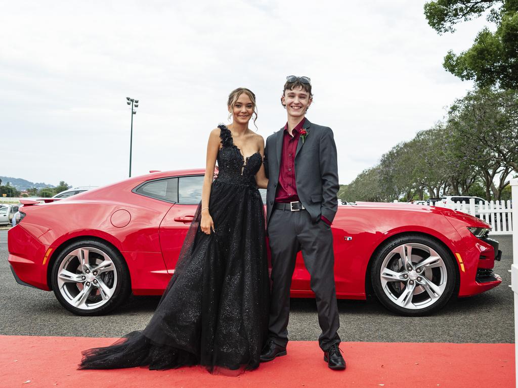 Graduates Mahlee Amory and Liam Curtis arrive at The Industry School formal at Clifford Park Racecourse, Tuesday, November 12, 2024. Picture: Kevin Farmer