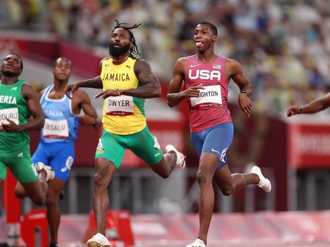 TOKYO, JAPAN - AUGUST 03: Erriyon Knighton of Team United States reacts after competing in the Men's 200m Semi Final on day eleven of the Tokyo 2020 Olympic Games at Olympic Stadium on August 03, 2021 in Tokyo, Japan. (Photo by David Ramos/Getty Images)