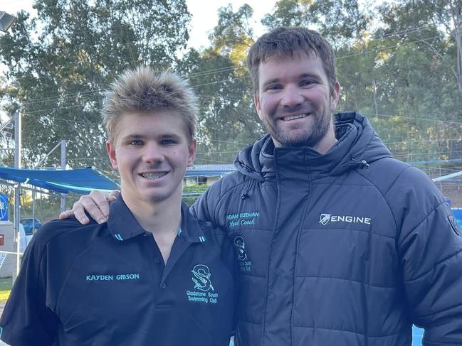 Gladstone South Swimming Club's Kayden Gibson with coach Adam Eiseman are heading to the Olympic swimming trials in Brisbane.