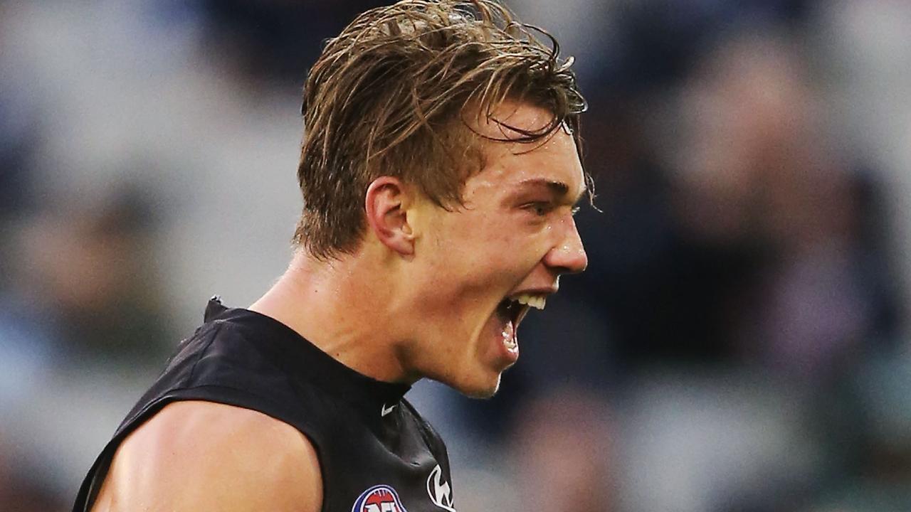 MELBOURNE, AUSTRALIA - AUGUST 23: Patrick Cripps of the Blues celebrates a goal during the round 21 AFL match between the Carlton Blues and the Melbourne Demons at Melbourne Cricket Ground on August 23, 2015 in Melbourne, Australia. (Photo by Michael Dodge/Getty Images)