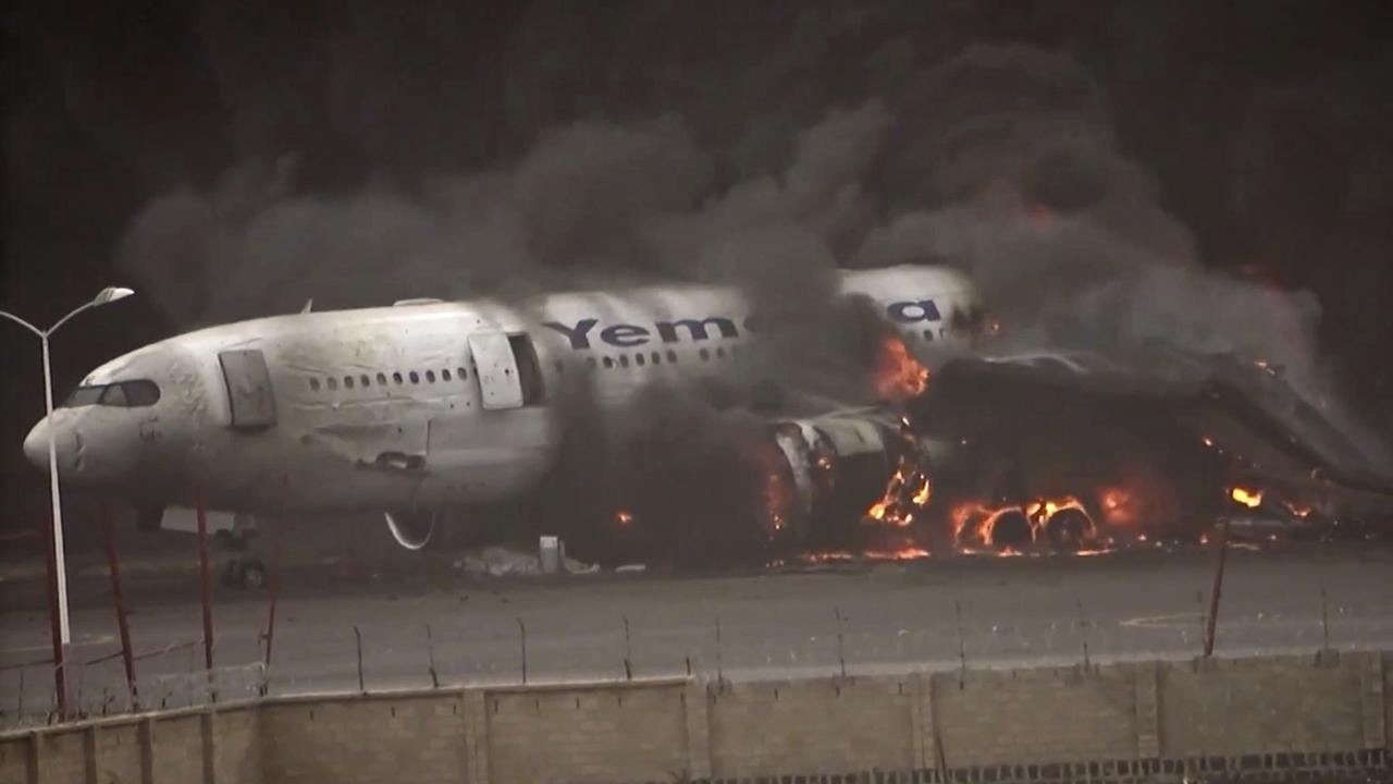 A total of six planes are said to have been destroyed, including three Yemenia Airways aircraft. Picture: Ansar Allah Media Office via AP