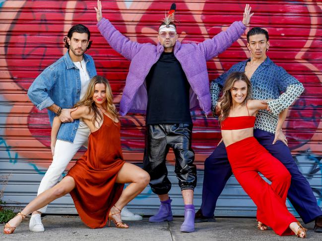 Mitch Tambo, centre, with members of Burn the Floor, Lily Cornish, Julian Caillon, Lyu Masuda and Jorja. Picture: supplied/Burn the Floor