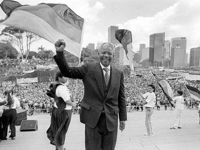 In 1990, Nelson Mandela - recently freed after 27 years in prison - gave a speech of forgiveness to a crowd of 40,000 on the Opera House’s Monumental Steps. Picture: Barry McKinnon