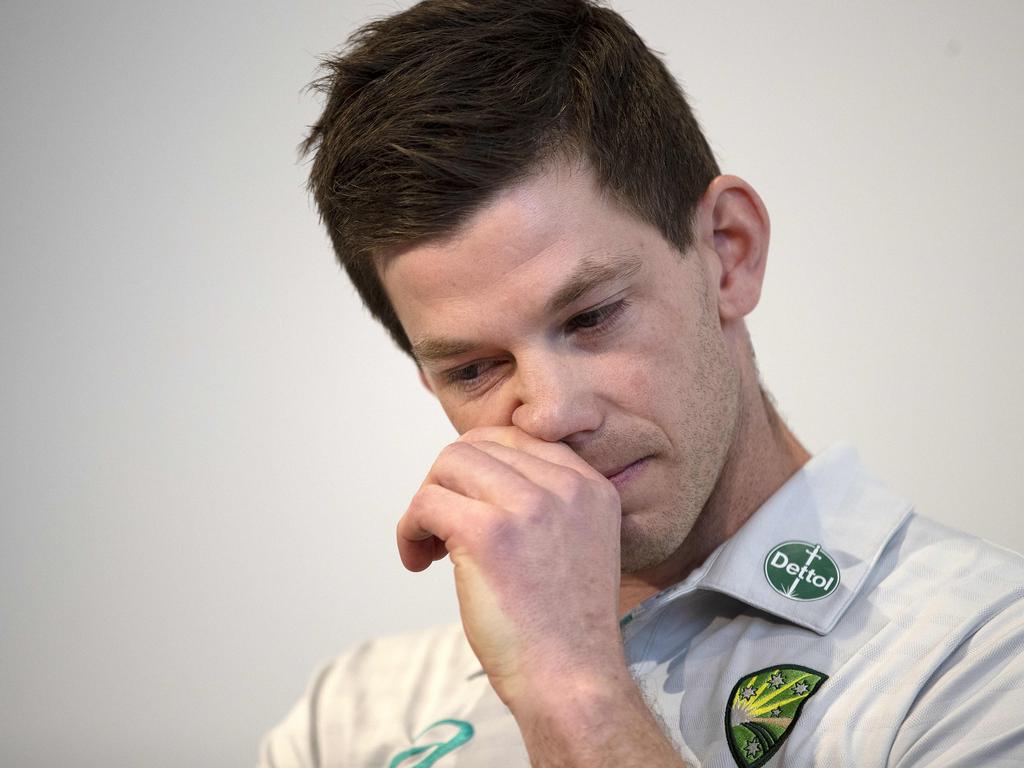 A tearful Tim Paine steps down as Australia’s Test captain. Picture: Chris Kidd