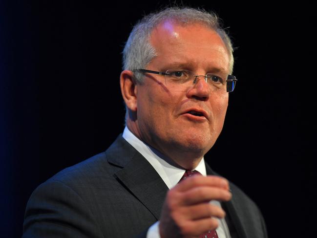 Prime Minister Scott Morrison speaks during the Business Council of Australia's 2019 annual dinner at the Fullerton Hotel in Sydney, Wednesday, November 20, 2019. (AAP Image/Steven Saphore) NO ARCHIVING