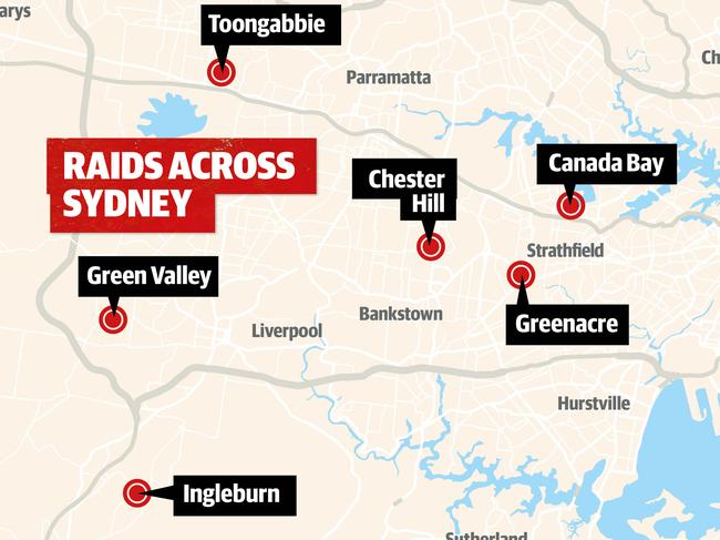 A map showing the terror raids across Sydney on Tuesday.