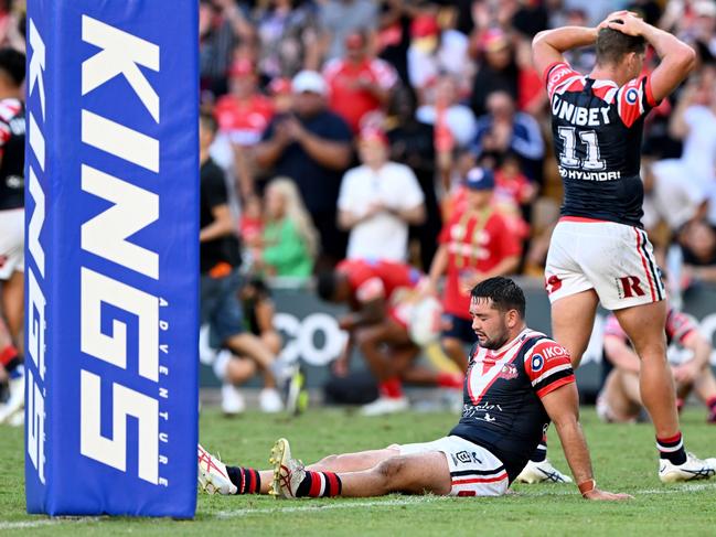 BRISBANE, AUSTRALIA - MARCH 05: Brandon Smith of the Roosters looks dejected after his team loses the round one NRL match between the Dolphins and Sydney Roosters at Suncorp Stadium on March 05, 2023 in Brisbane, Australia. (Photo by Bradley Kanaris/Getty Images)