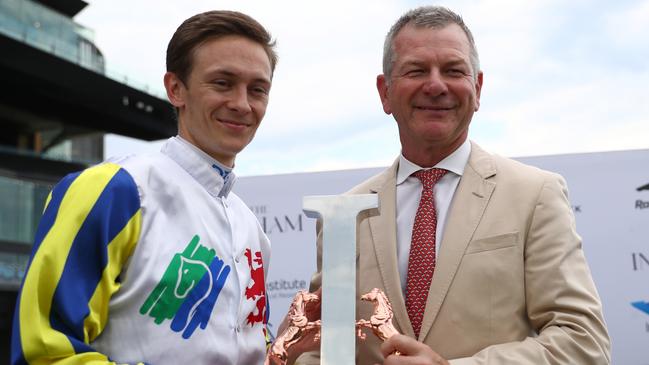 Trainer Kris Lees and his apprentice Dylan Gibbons celebrate the win of Loch Eagle in the Group 2 The Ingham at Randwick. Picture: Getty Images