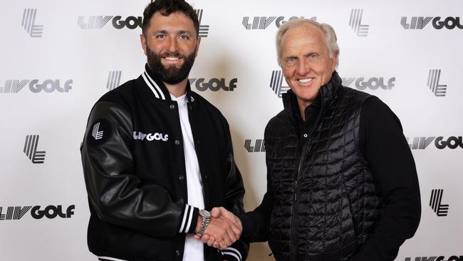 Two-time major winner and the reigning Masters champion, Jon Rahm and LIV Golf Commissioner and CEO Greg Norman shake hands during a LIV Golf announcement at the Park Hyatt New York on Dec. 7, 2023 in New York, New York. (Photo by Scott Taetsch/LIV Golf)