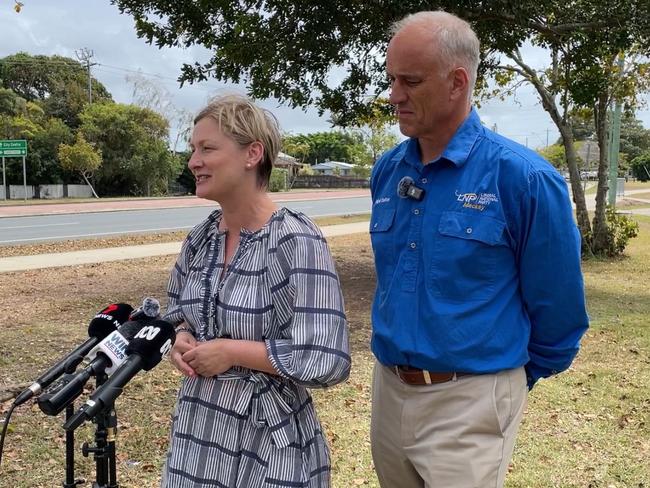 LNP Whitsunday MP Amanda Camm (l) with Mackay LNP candidate Nigel Dalton (r) outside Mackay State High School, after promising funds for hall upgrades. Picture: Paul Brescia