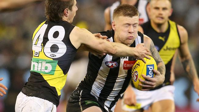 Jordan De Goey’s soft-tissue injuries could be caused by the way he plays. Picture: Michael Klein