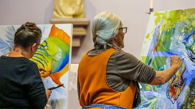 Artists Lorraine Kitching and Mieke den Otter accompany Ipswich City Orchestra during its Brass on Safari performance at St Paul's Anglican Church, Ipswich on May 8, 2021.