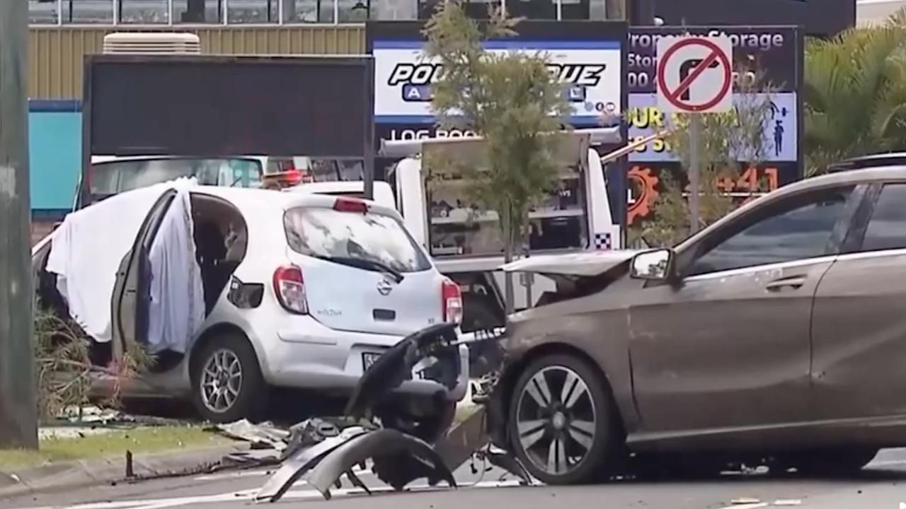 The man allegedly behind the wheel of a Mercedes is accused of robbing a man’s home armed with a sawn-off rifle prior to the crash. Picture: 7NEWS