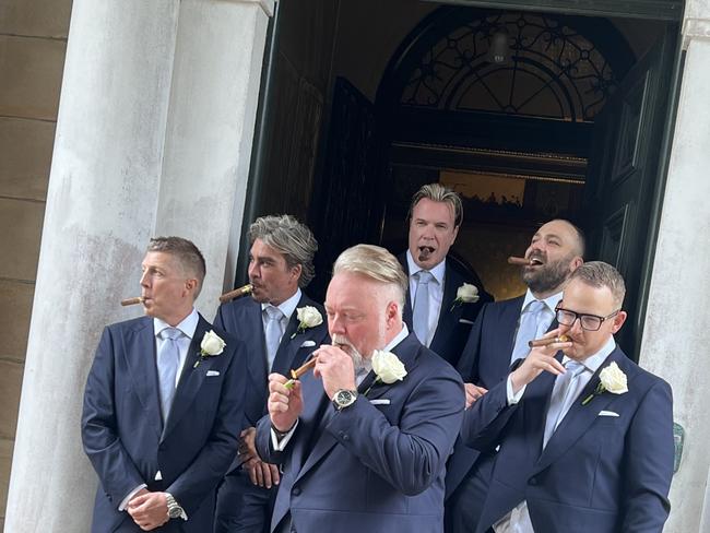 Sandilands (pictured with groomsmen at his million-dollar wedding) told Mr Albanese he was in the ‘highest tax bracket’. Picture: Supplied