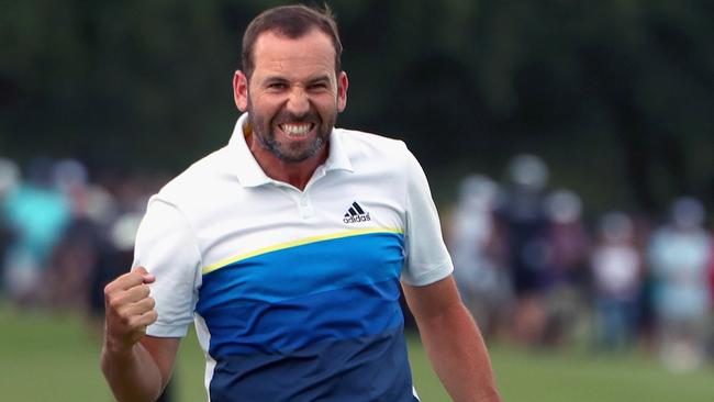 Sergio Garcia of Spain celebrates after defeating Brooks Koepka on the first playoff hole to win the AT &amp; T Byron Nelson.