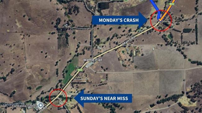 A map showing how close Monday's crash is to Sunday's near miss.