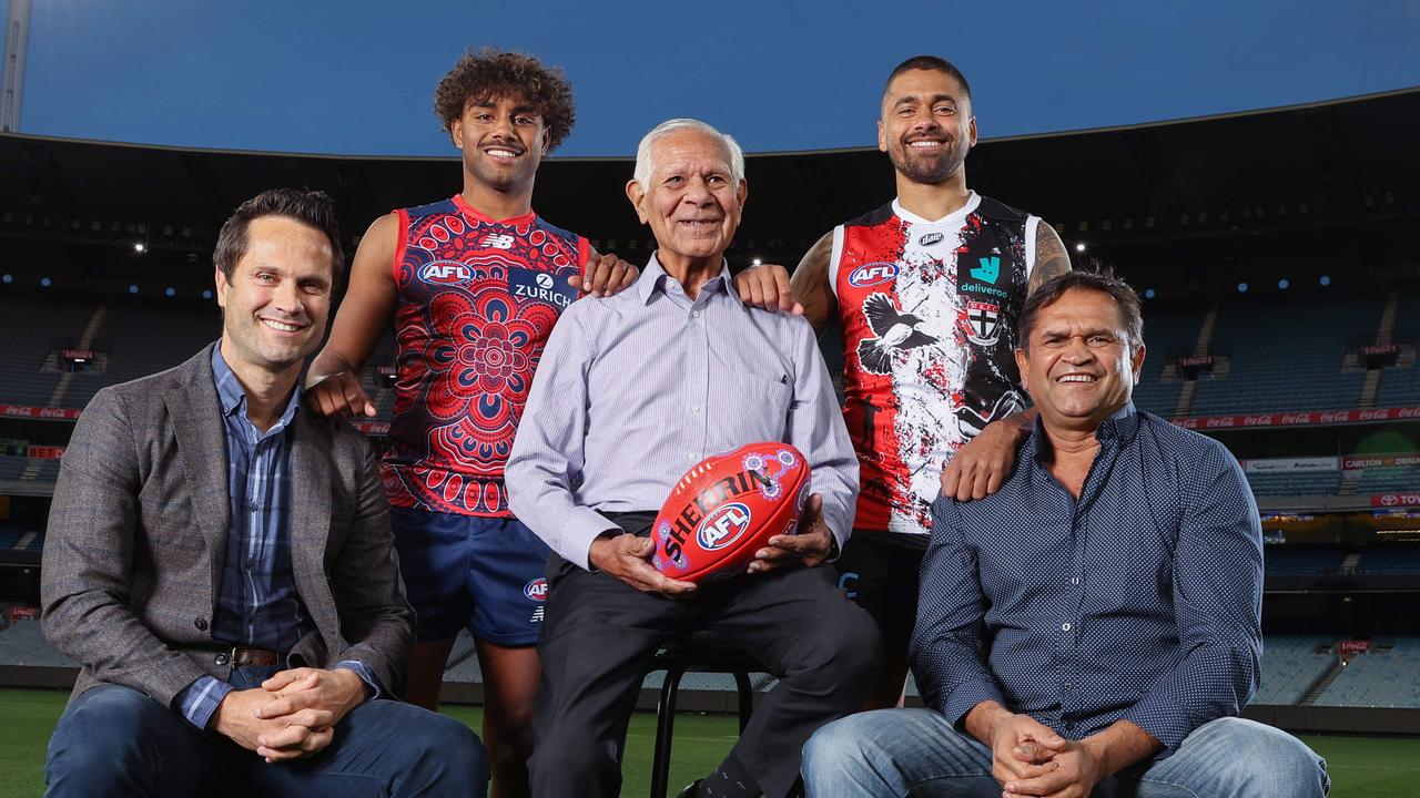 Syd Jackson, centre, with Indigenous stars (from left) Gavin Wanganeen, Kysaiah Pickett, Bradley Hill and Nicky Winmar. Picture: Michael Klein