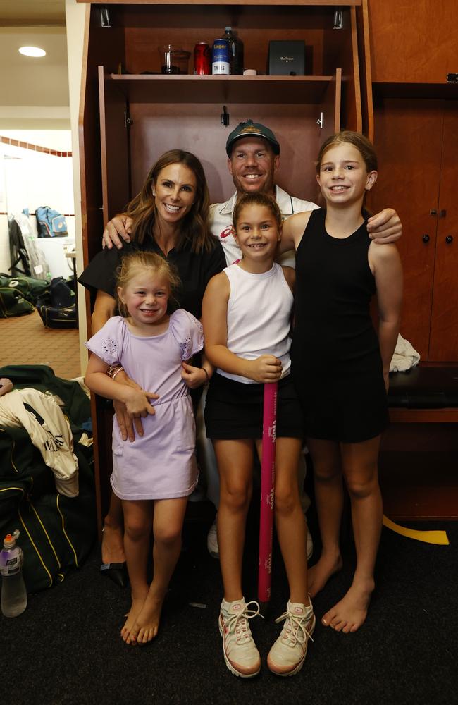 The Warner family in the SCG dressing room after David’s final Test. Picture: Darrian Traynor/Getty Images