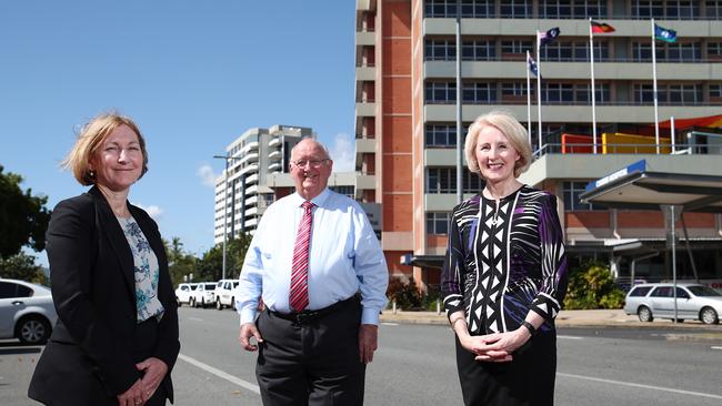 Queensland Premier Annastacia Palaszczuk has announced $52.9 million in funding for the Cairns Hospital, which includes $1.5m for a business study into a tertiary training partnership with James Cook University. Cairns and Hinterland Hospital and Health Service Acting Chief Executive Tina Chinery, Cairns and Hinterland Hospital and Health Service Chairman Clive Skarrott and James Cook University Vice Chancellor Sandra Harding in front of the Cairns Hospital. PICTURE: BRENDAN RADKE