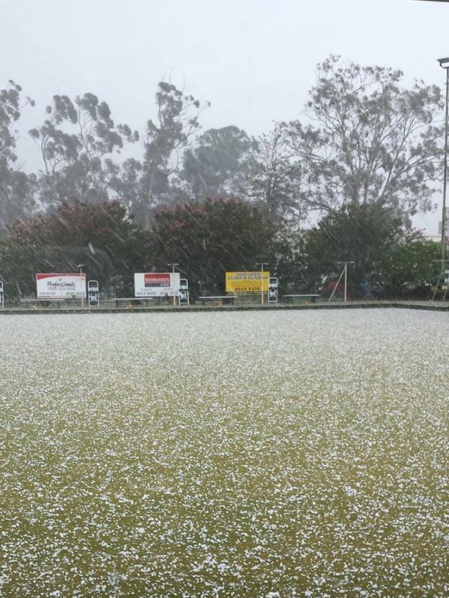 Hail stops play on the bowling green. Picture: Facebook