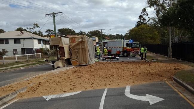 The scene of a truck rollover at Toolooa St and Derby St, Gladstone.