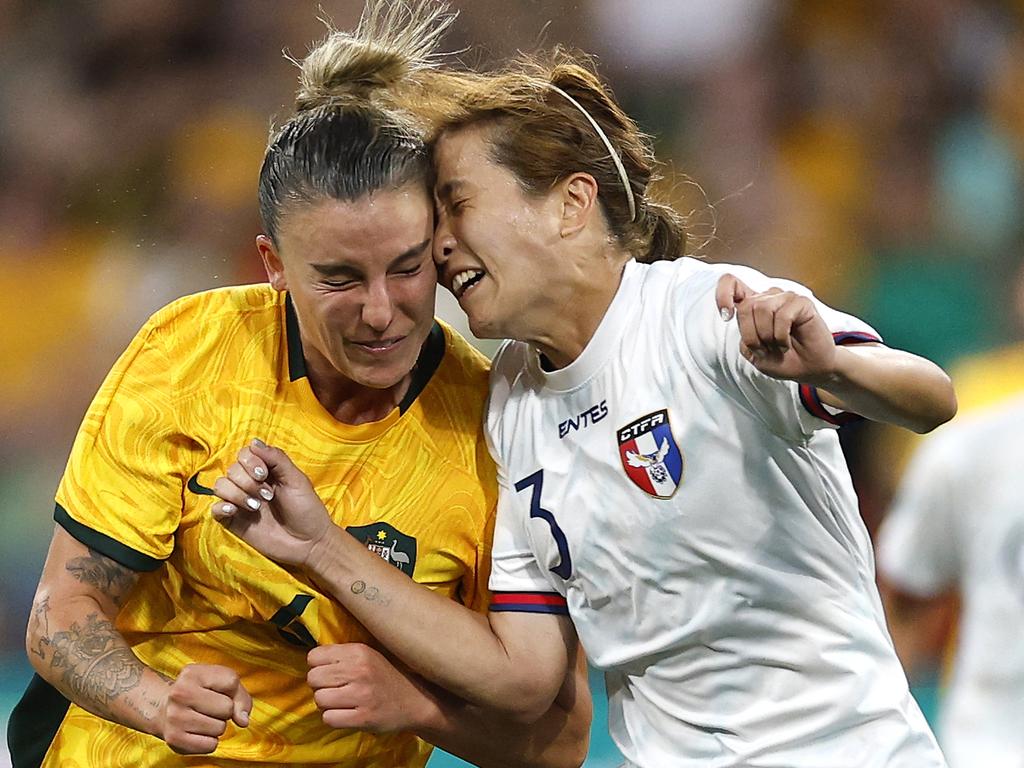 MELBOURNE, AUSTRALIA - DECEMBER 04: Chloe Logarzo of Australia and Chan Pi-Han of Chinese Taipei clash during the International Friendly match between Australia Matildas and Chinese Taipei at AAMI Park on December 04, 2024 in Melbourne, Australia. (Photo by Daniel Pockett/Getty Images)