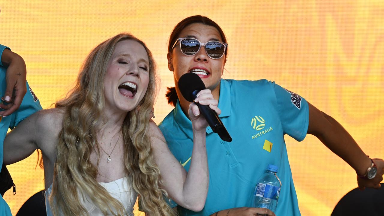 Sam Kerr sings with Nikki Webster. Picture: Dan Peled / NCA NewsWire.