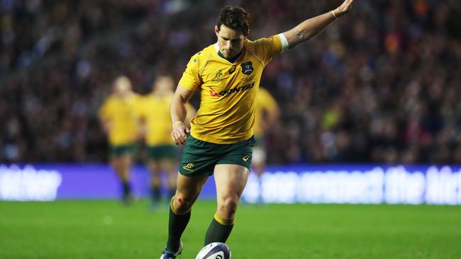 Bernard Foley kicks the winning penalty against Scotland in the quarter-finals of the 2015 Rugby World Cup.