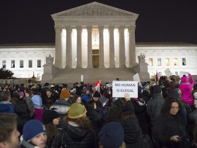 Demonstrators protest against Donald Trump’s executive order during a rally outside the US Supreme Court in Washington, DC, on Monday. Picture: Saul Loeb/AFP