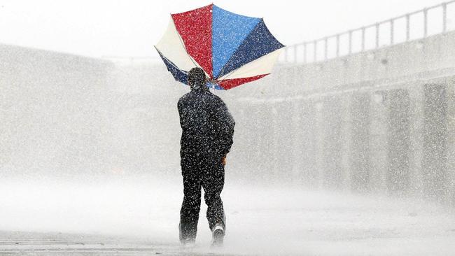 Heavy winds batter the seafront of Margate, East Kent in England.