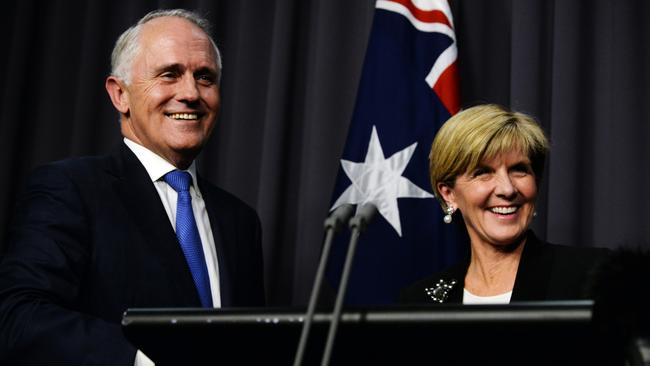 Malcolm Turnbull and Julie Bishop on the day he assumed the prime ministership in 2015. Picture: AAP